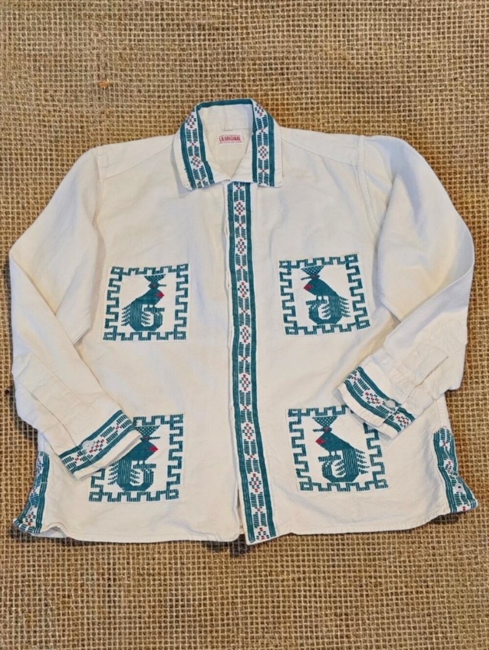Vtg 60s 70s Guatemalan LA ORIGINAL Embroidered Peacock Bird Shirt Ethnic Boho! L